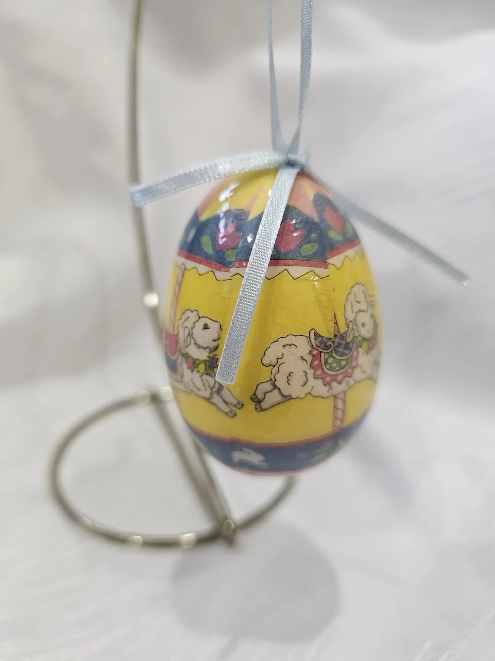 Vintage Paper Mache Yellow Lamb Carousel Hanging Easter Egg